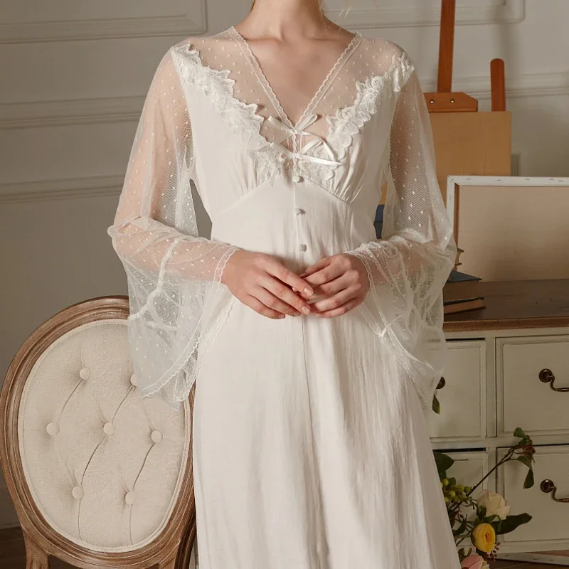 Elegant Cotton Long Night Dress Women White Sexy Lace Peignoir Victorian Vintage Nightgown Sleepwear Sheer Lace Sleeve Nightwear