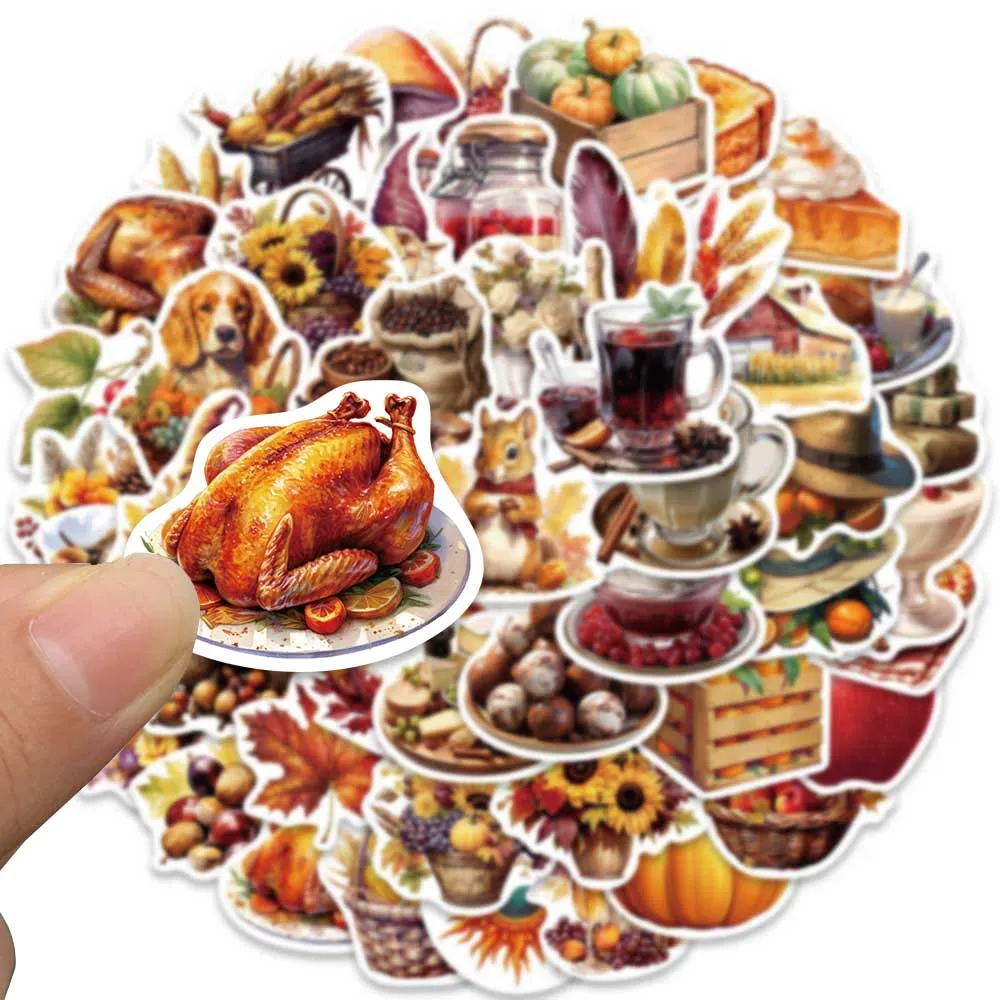 50pcs Retro Cartoon Foods Thanksgiving Day Stickers For Laptop Guitar Luggage Skateboard Waterproof Graffiti Vinyl Decals