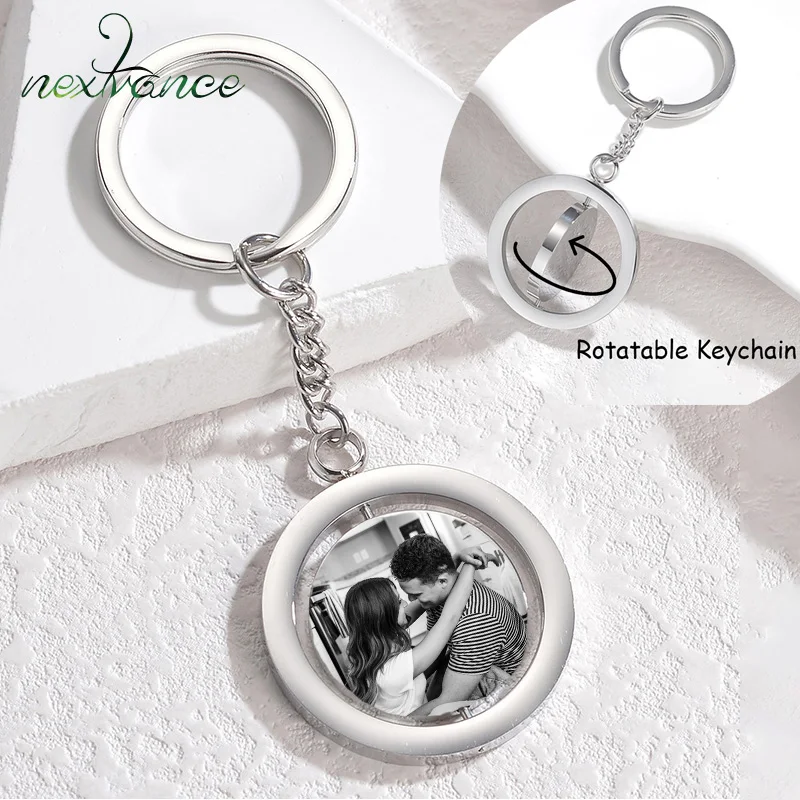 Nextvance Personalized Custom Rotatable Round Keychain Engraved Photo Text For Men Women Stainless Steel Couple Jewelry Gifts