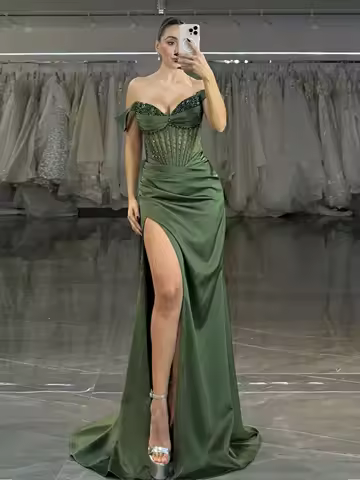 Womens Off Shoulder Prom Dress Long Mermaid Formal Dresses Satin Beading Evening Gowns