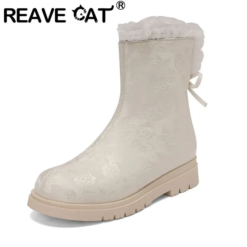

REAVE CAT Beige Girls Mid Calf Boots Round Toe 3.5cm Thick Heels Zipper Bowknot Small Size 31 32 33 Warm Short Booties for Women