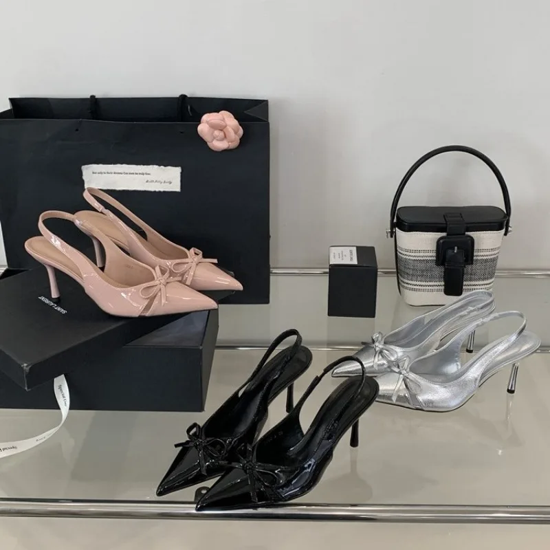 Women Sandals Temperament Pointed High Heeled Sandals Fashion Patent Leather Bow Exposed Sloping Back Sandals Stiletto Sandalias