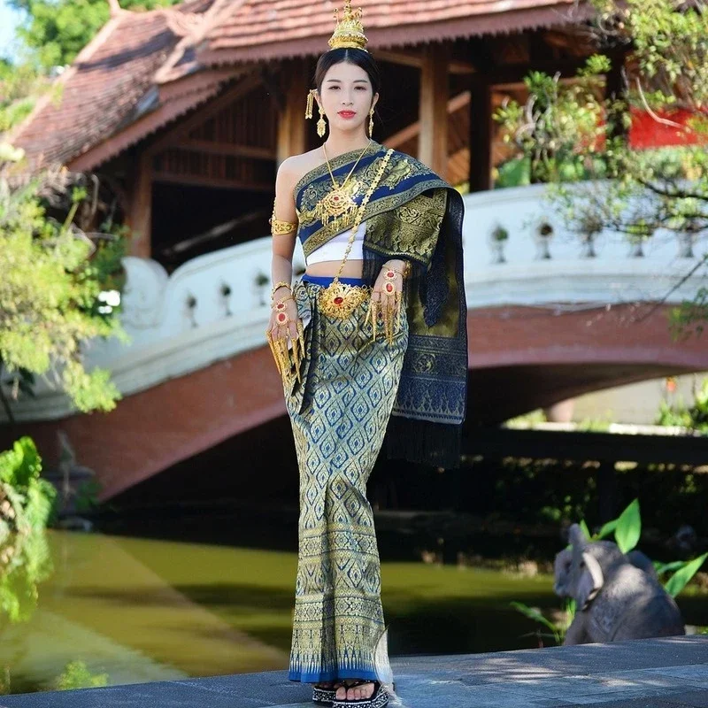 Thailand Vintage Traditional Clothing Women's Suit Tube Tops Long Skirt Shawl Stage Performance Ethnic Style Thai Dai Dress