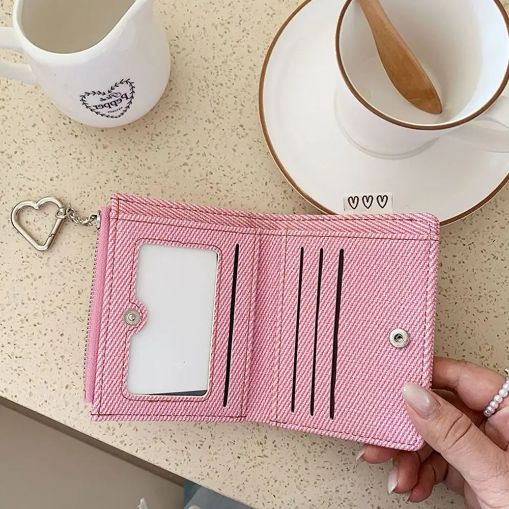 New PU Short Wallet Metal Chain Snap Closure Card Holder Wallet Heart Window Mini Purse