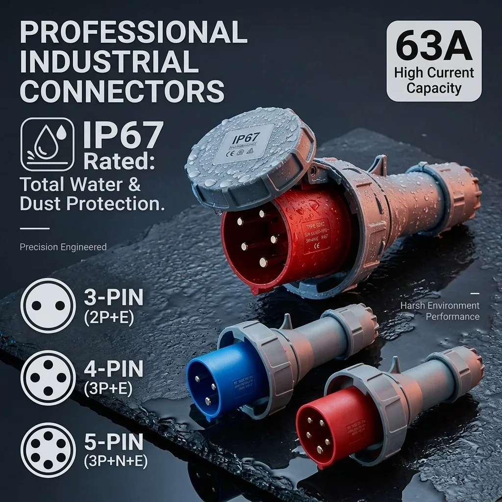 

63A IP67 Industrial Waterproof Connector 3/4/5 Pin CEE Plug & Receptacle, Heavy Duty Copper Contacts, High Voltage Power Socket