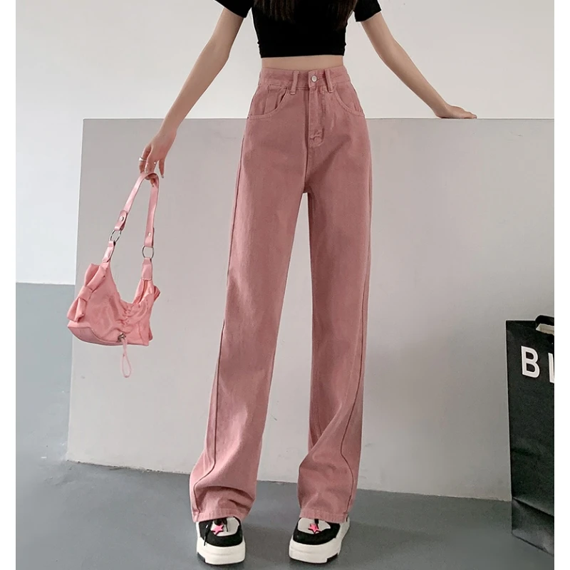 

Pink Jeans Women High Waist American Wide Leg Pants Fashion Hip Hop Vintage Female Street 2023 Straight Summer Solid Trousers