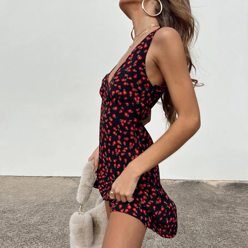 Bohemian Floral Print Mini Dress Vintage Sleeveless V Neck Slim Fit Tie Up Bodycon Chic Women Beach Style Y2K Dresses Streetwear