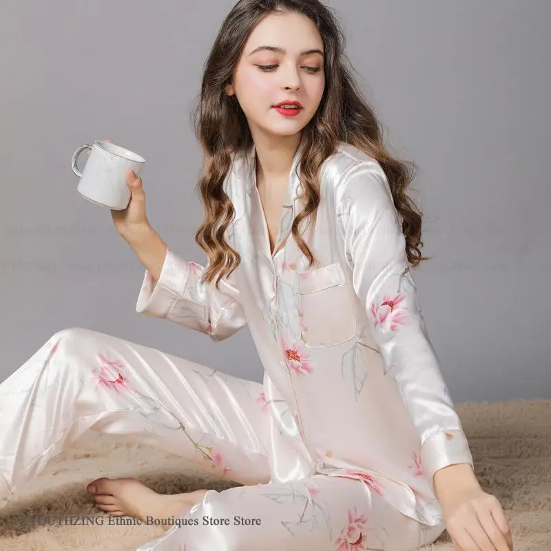 

Print Flower Long Sleeve Pajamas Set Women's Homewear Spring Autumn Silk Satin Sleepwear Trouser Suit Lounge Wear Loose Pyjama