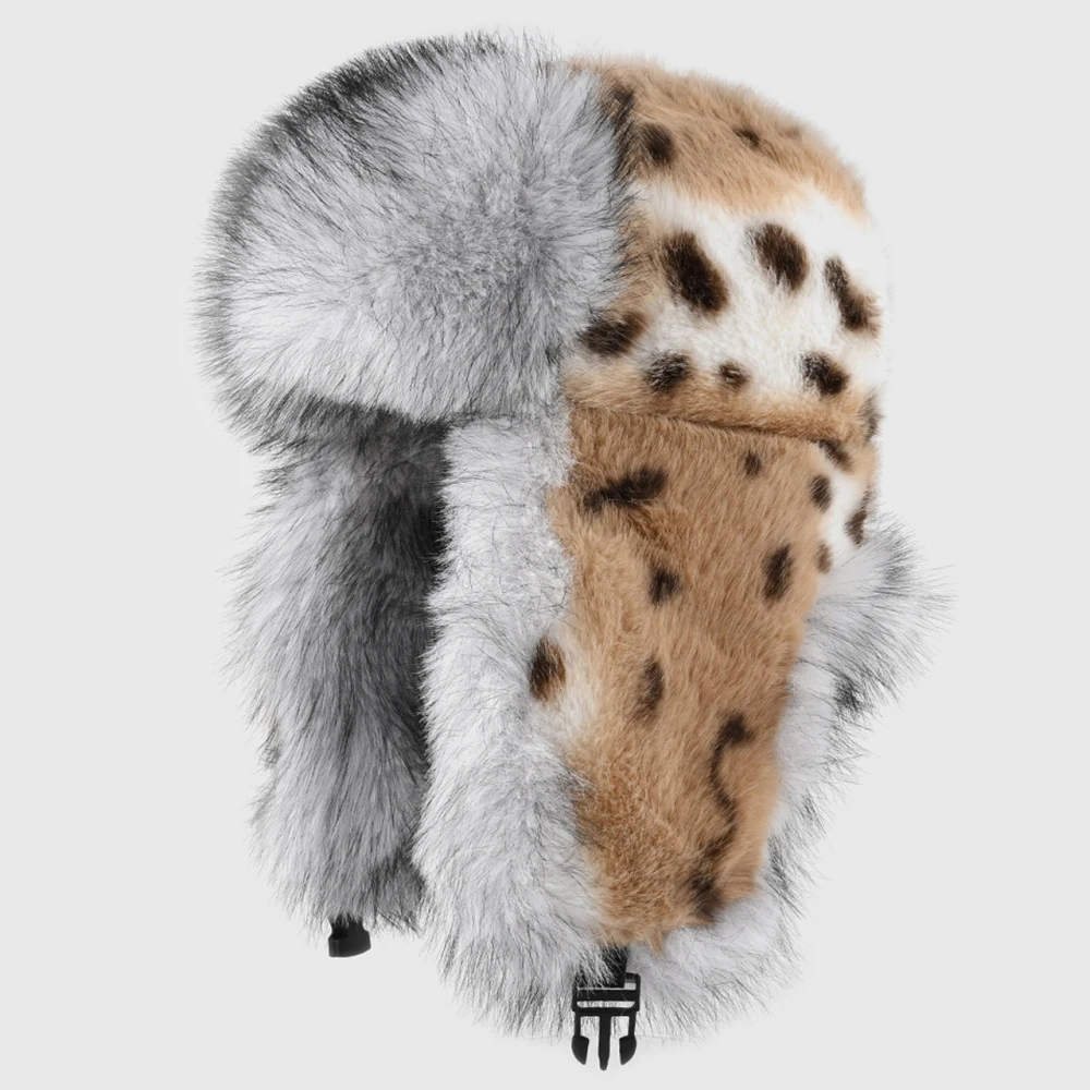 HT5237 Bomber Hat Thick Warm Winter Hats for Women High Quality Faux Fur Hats Ski Earflap Cap Ladies Leopard Russian Hat Ushanka