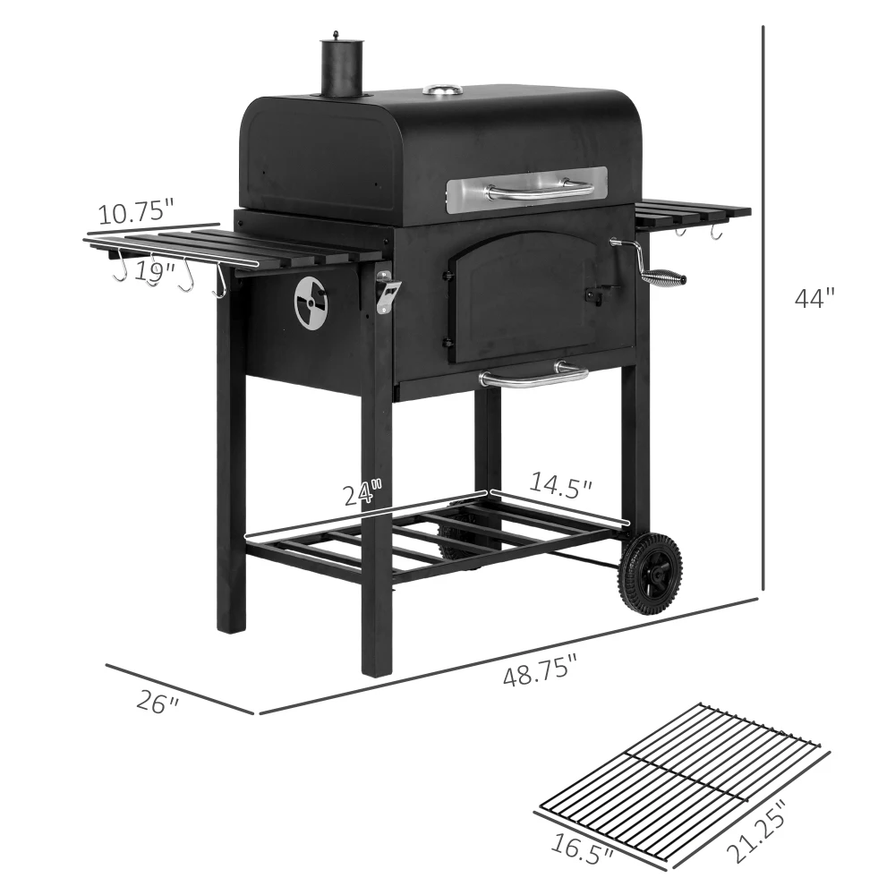 Barbecue a carbone Outsunny con barbecue portatile ad altezza regolabile con ripiani pieghevoli Ruote termometro per campeggio all'aperto
