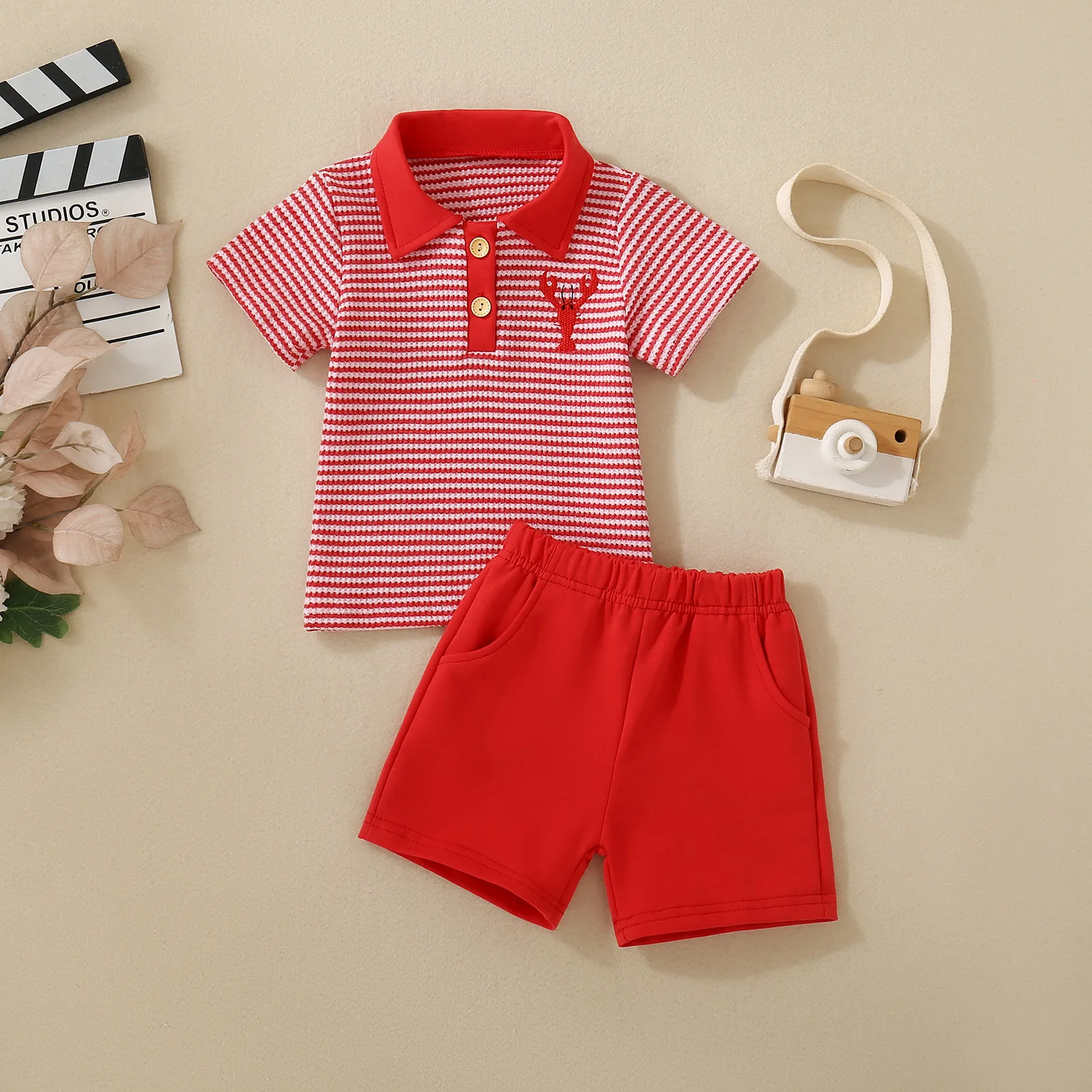 Baby Boy 2Pcs Summer Set, Striped Waffle Polo With Lobster Embroidery, Red Elastic Waist Pocket Shorts Casual Kids Summer Outfit