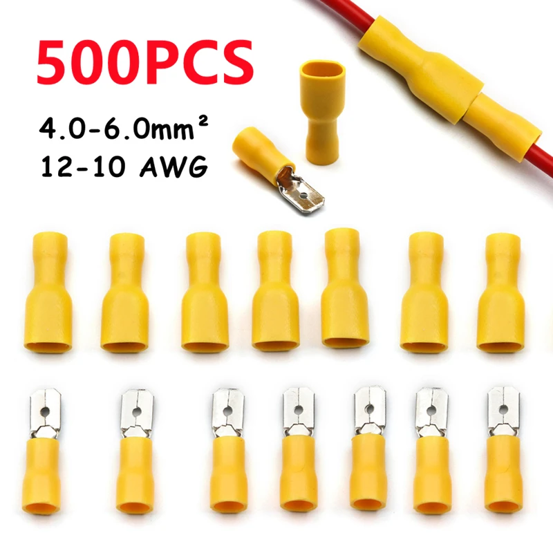 500/100PCS Yellow Male Female Crimp Spade Lug Terminals Cold Press Wire Cable Plug Electrical Insulated Wire Connector 12-10 AWG