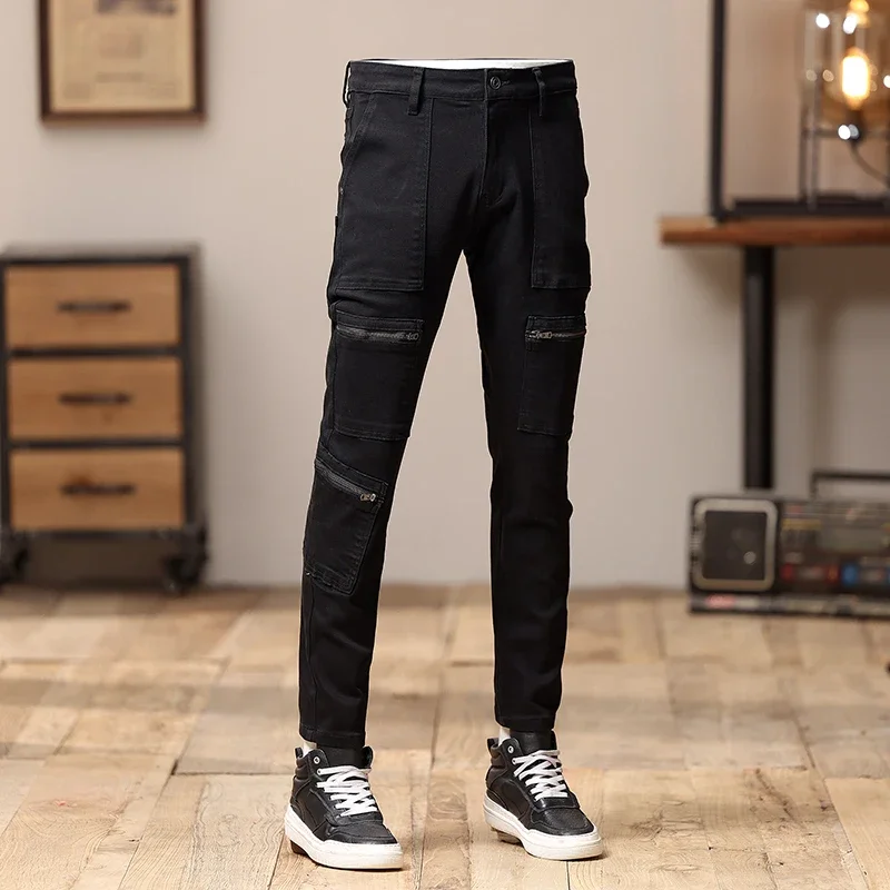 High Street Fashion Men Jeans Black Stretch Skinny Fit Hip Hop Jeans Men Zipper Pocket Spliced Designer Denim Biker Pants Hombre