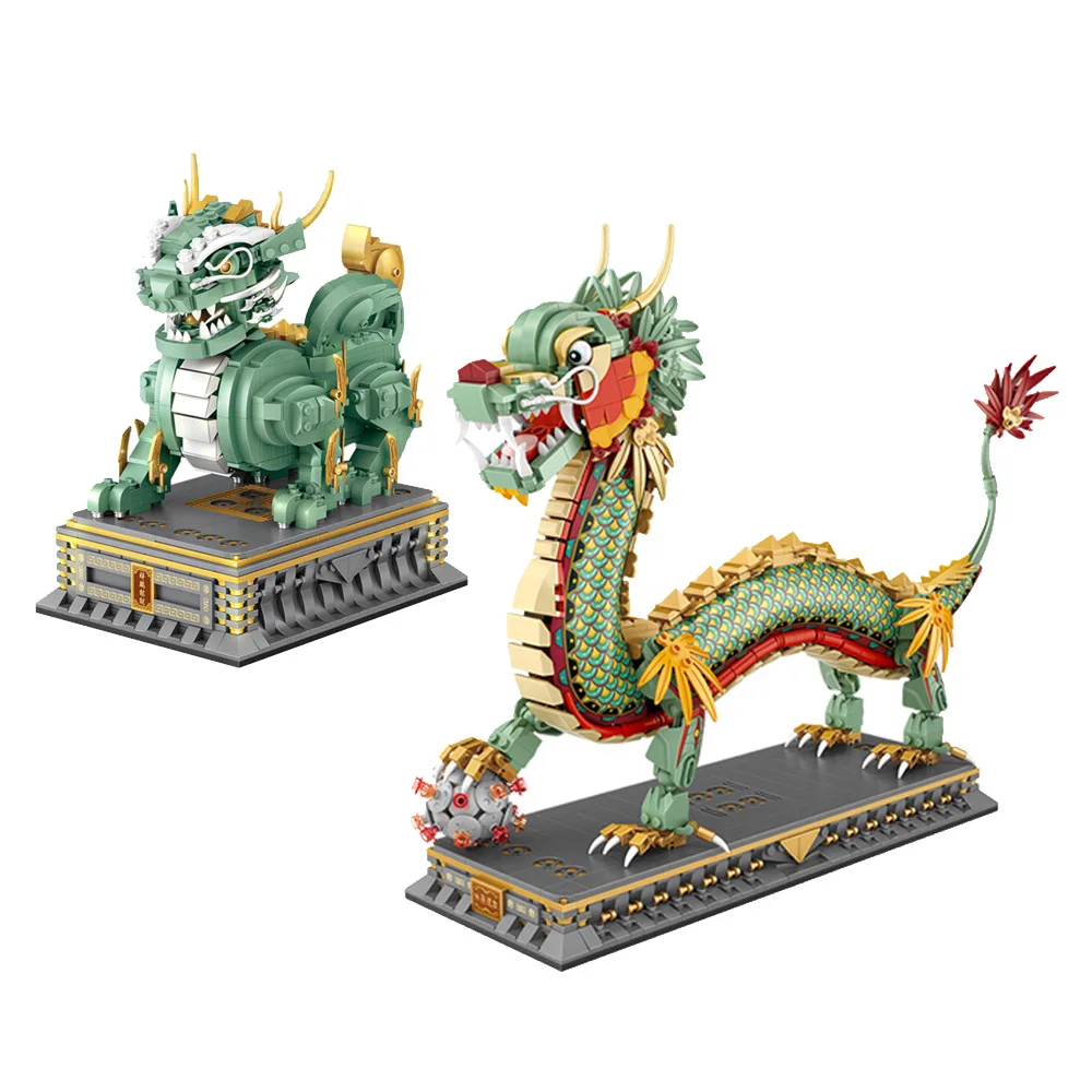 Classic China Mythical Animals Mini Block Kylin Loong Statue Box Model Dragon Building Brick Toy Collection For Kids Gifts