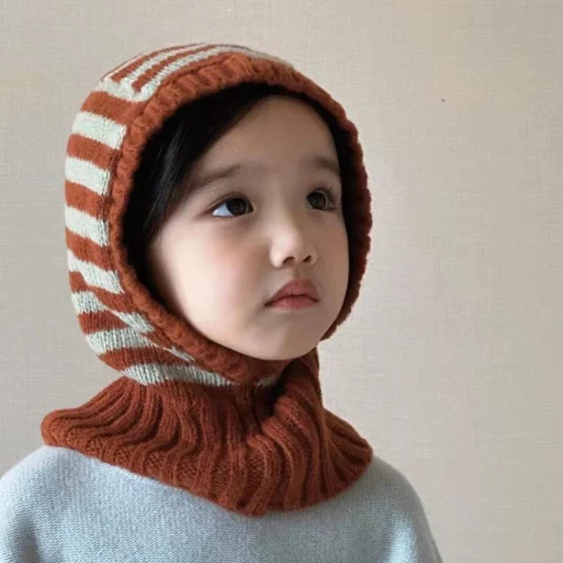 Kids Winter Contrast Striped Balaklava Personality Winter Outdoor Travel Scarf Integrated Neck Guard Shawl Knitted Beanie