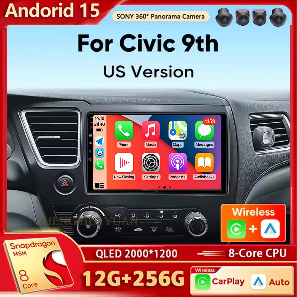 Rádio do carro de android 15 para honda civic 9 th eua 2012 2013 2014 2015 2016 sem fio carplay android auto carro multimídia player dsp 2