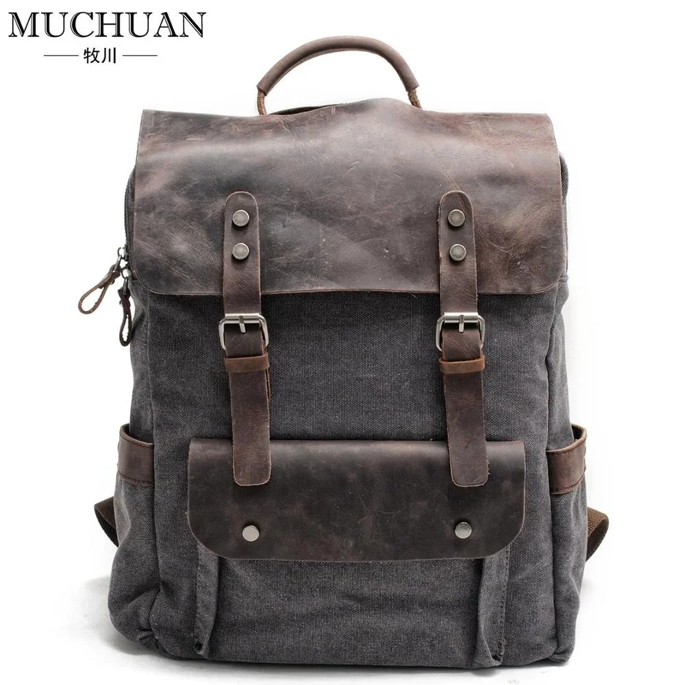 

MUCHUAN Vintage Canvas Leather Backpacks for Men 16" Laptop Daypacks Waterproof Rucksacks Large Waxed Travel Back Packs