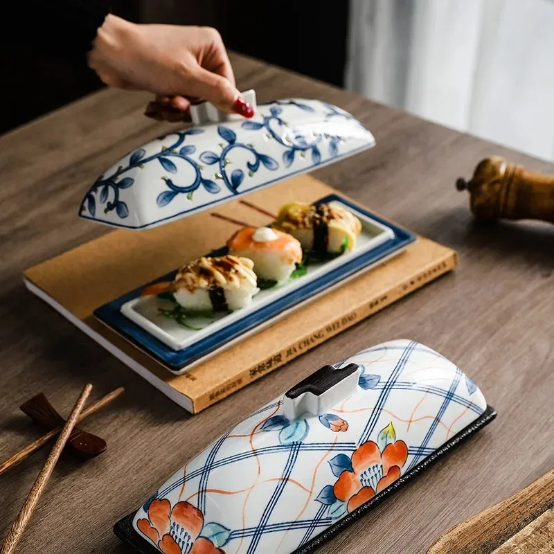 9.5 Inch with Cover Rectangular Plate Japanese Sushi Plate Vintage Blue and White Porcelain Dish Specialty Restaurant Tableware