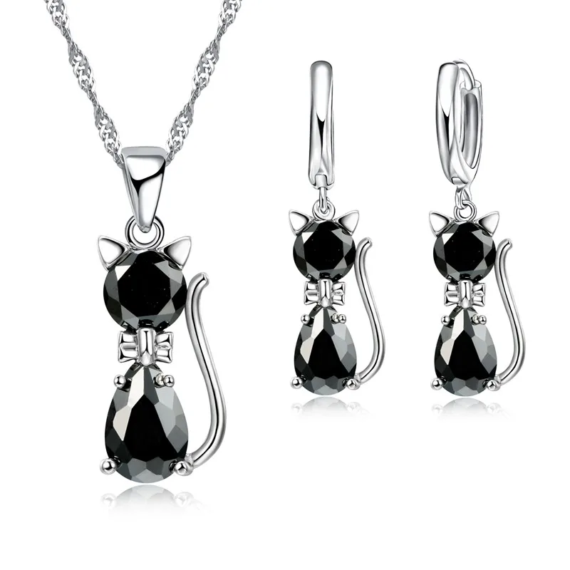 925 Silver CZ Cute Cat Necklace & Hoop Earring Set - Image 3