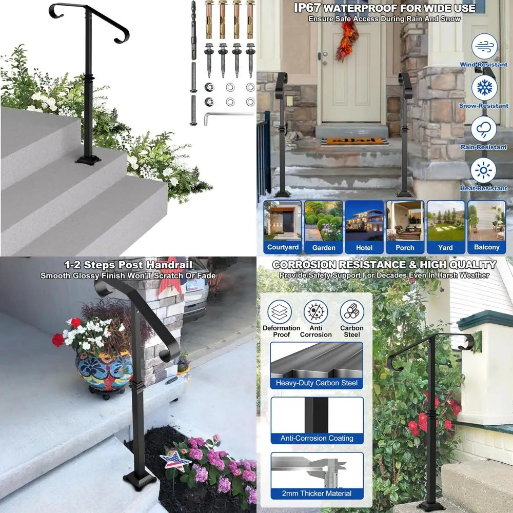 درابزين سلالم خارجي من الحديد المطاوع باللون الأسود لخطوات 1-2، 40 ارتفاعًا، تصميم عمود واحد، درابزين متين #1