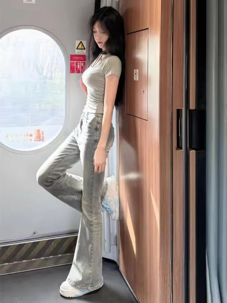 

American Style Retro Light Wash Bell Bottom Jeans Women's Spring New Slimming Elastic Petite Flared Pants Casual High Waist Z...