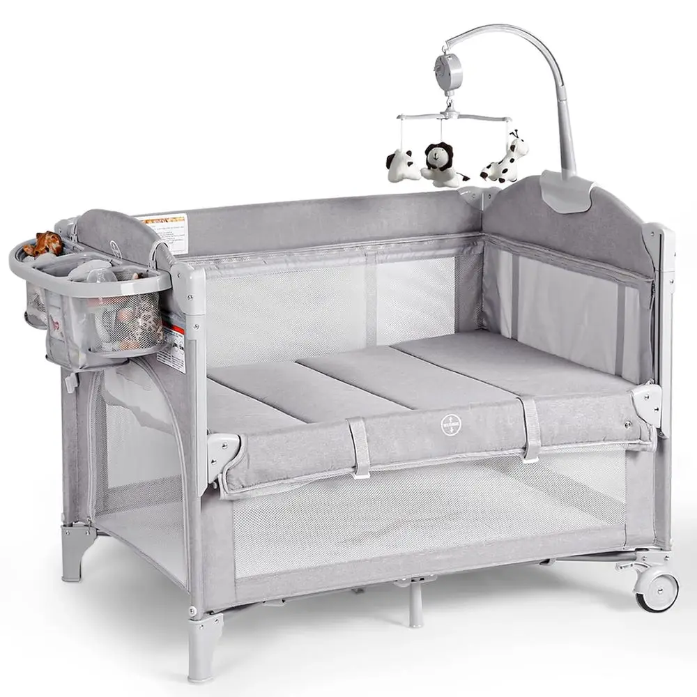 

4-in-1 Portable Crib with Mattress, Changer, Storage, Music Box, and Carry Bag for Newborns - Light Gray