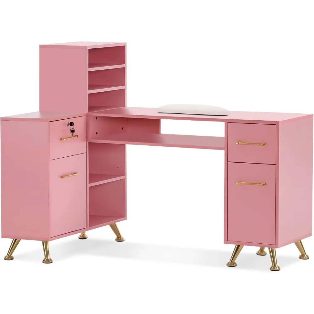 

L-Shaped Manicure Table with Drawers and Shelves for Storage, Salon Corner Nail Desk, Makeup Dressing Station 2866 (Pink)
