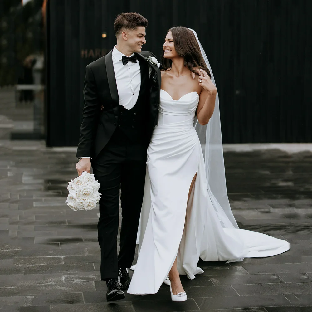 

Simple Mermaid Bridal Dress Detachable Train Front Slit Pleated Wedding Dress Sweetheart Civil Brides Gown Women Customized