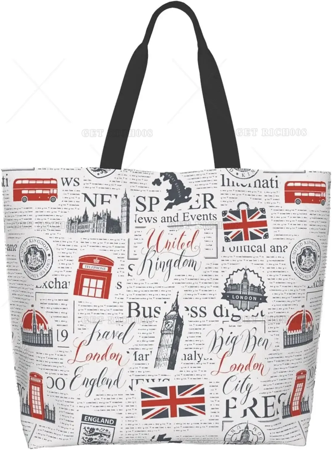 Sacola multiuso reutilizável grande para mulheres, design de jornal, mercearia, Eco Bag, bolsa de ombro casual, Reino Unido, Londres