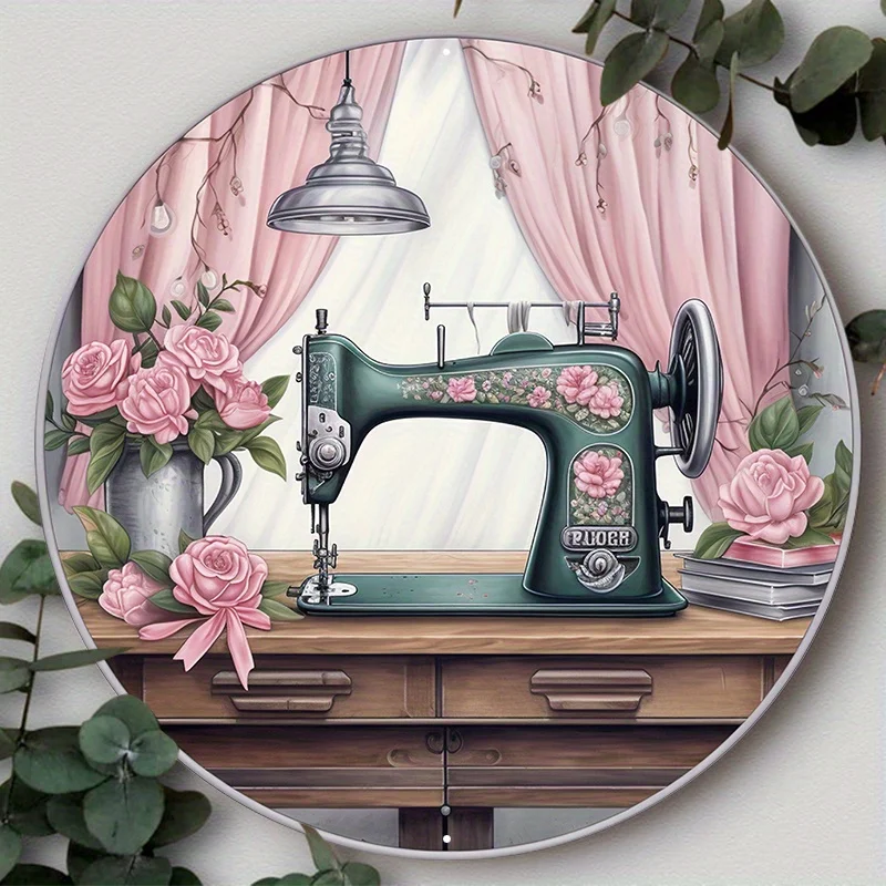 Aluminum Metal Sign Valentine's Day Sign There Is A Sewing Machine and Roses on It Suitable for Various Scenarios