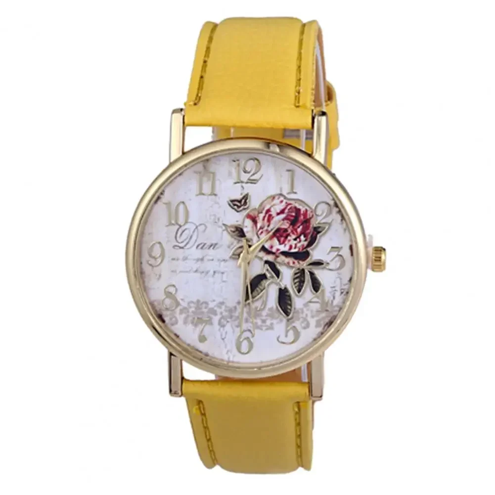 Rose Flower Round Dia Watch Women Elegant Watches Faux Leather Band Arabic Number Quartz Wristwatch Montre Femme Christmas Gift