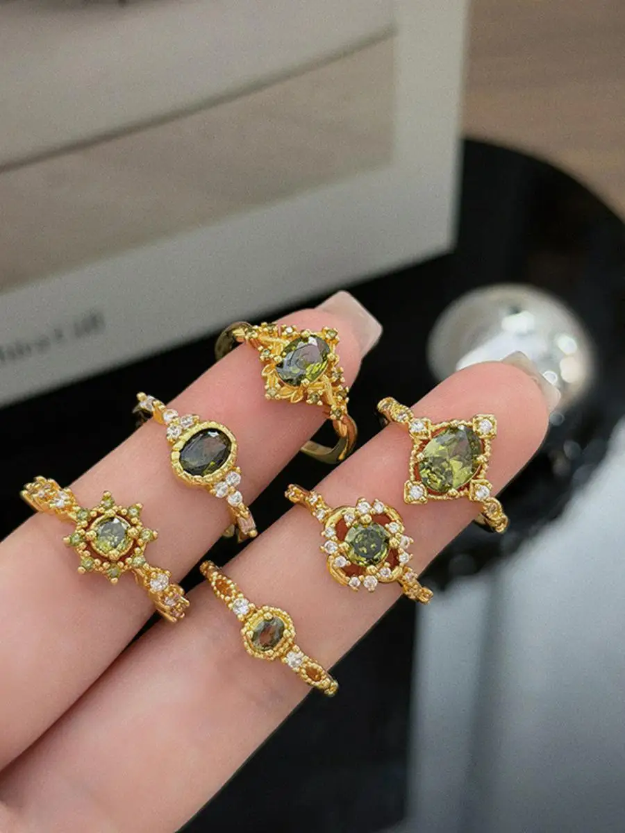 

Retro Court Light Luxury Olive Green Color Gem Zircon Open Ring Stylish Versatile Stackable Ring for Women Silver Plated