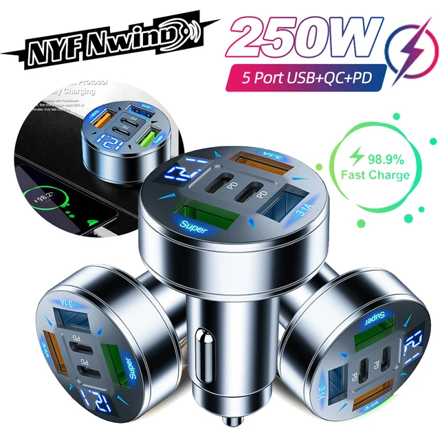 Ładowarka samochodowa 250 W QC 3.0 USB Type-c Szybkie ładowanie 2-5 portów USB A+USB C Szybkie ładowanie Adapter do zapalniczki samochodowej dla iPhone Xiaomi