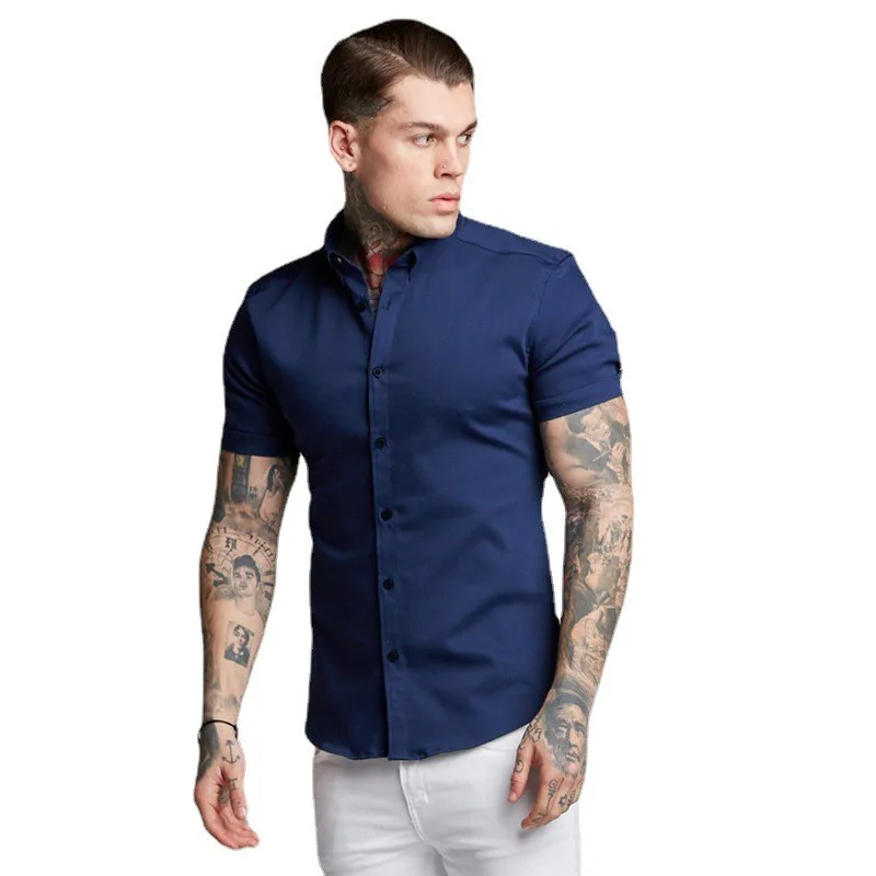 Summer Mens Short-sleeved Casual Cardigan Business Iron-free Gym basketball training Fitness Quick Dry Tops Sweat-wicking Shirts