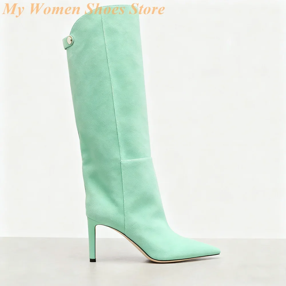 Suede Back Buckle Blue Boots Stiletto Thin High Heel Slip On Sexy Pointy Toe Runway 2026 Winter Autumn Women Dress Shoes view 2