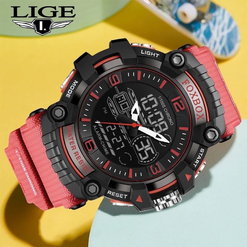 LIGE Top Brand Men Sports Watches Dual Display Analog Digital LED Electronic Quartz Wristwatches 30M Waterproof Military Watch