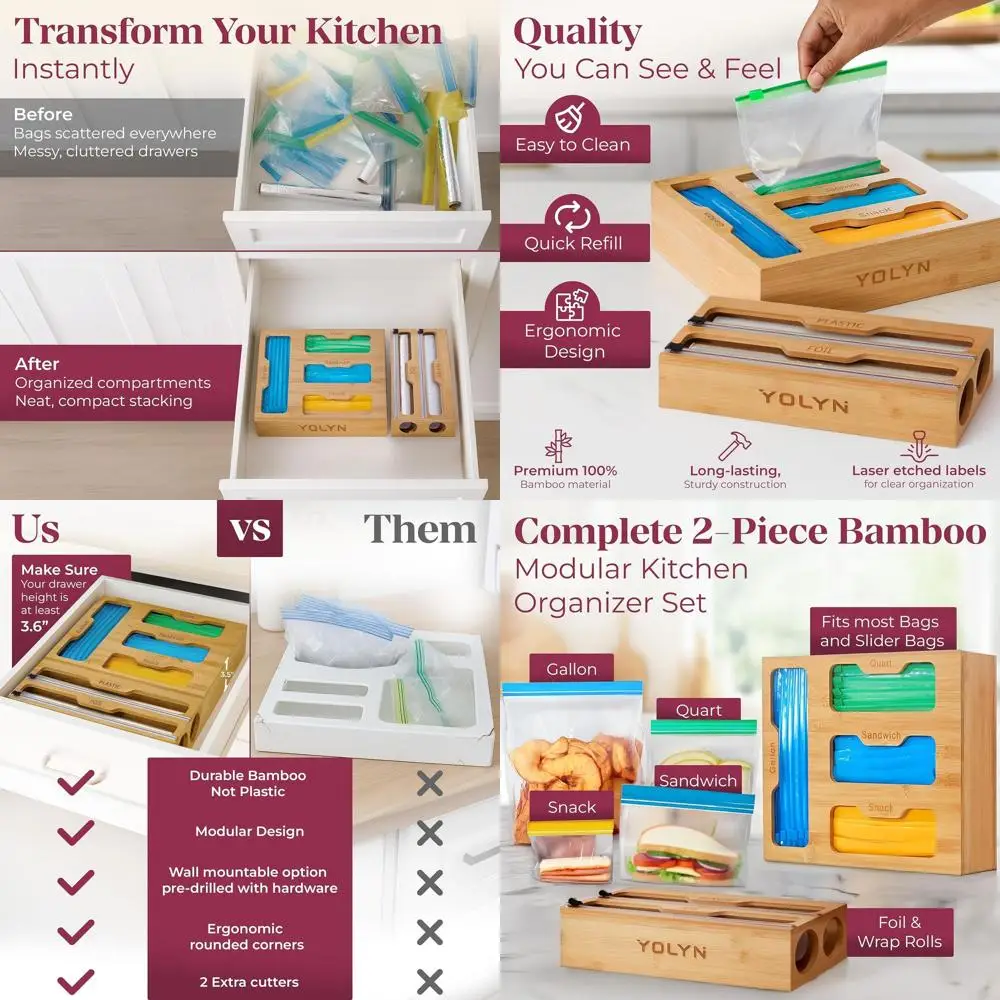 

Eco-Friendly Bamboo Drawer Organizer with Foil Dispenser for Kitchen Storage