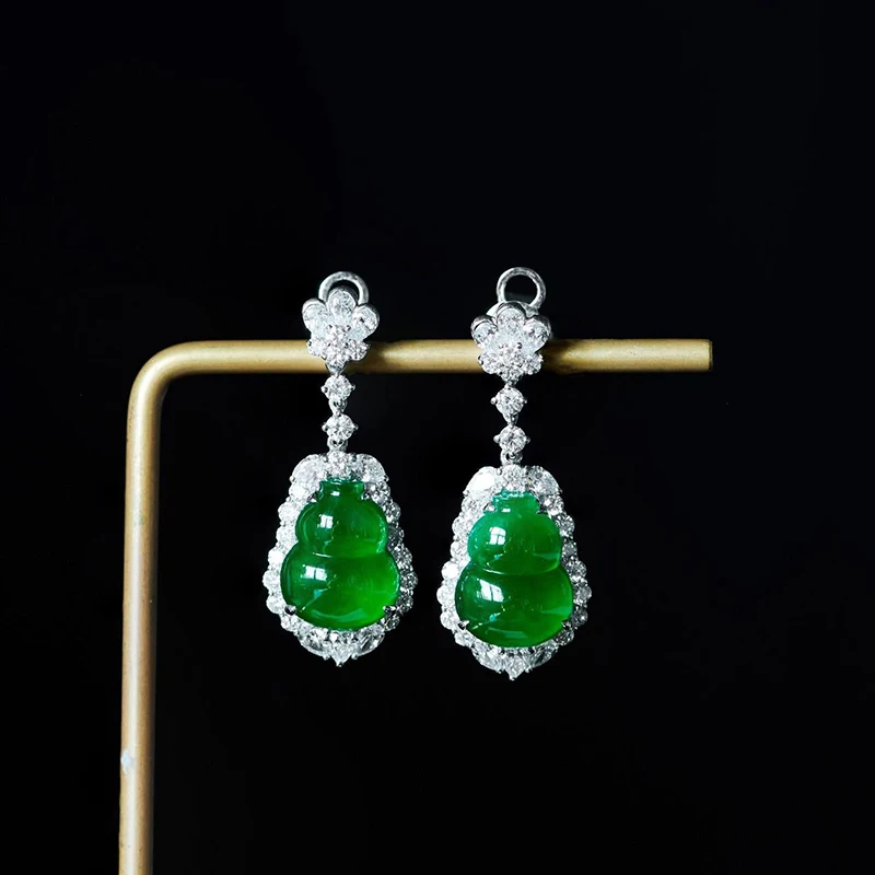 New natural high ice transparent glass emperor green gourd earrings elegant charm creative retro female silver jewelry
