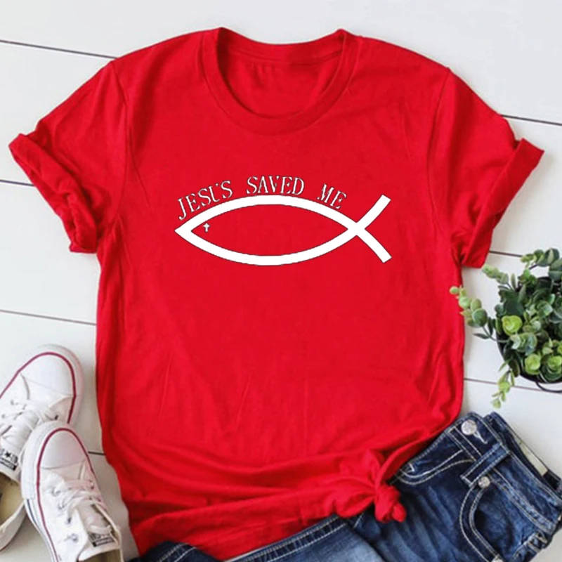 Jesus Saved Me Woman Tshirts Fish Pattern Campus Comic Design Christian Shirt Summer Classic Jesus Saved Me Aesthetic Clothes