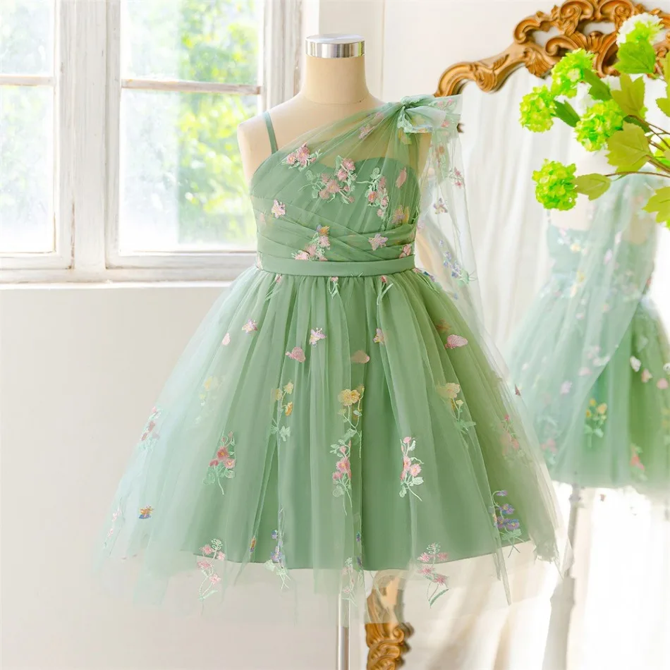 Girls Green One-Shoulder Tulle Dress Floral Embroidery Beaded Accent Pleated Waist Kids Wedding Photoshoot Party Costume ASQ03