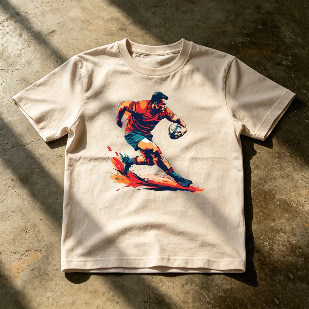 Dynamic Rugby Player Running Action Motion Art Men Athletic Sport T Shirt Competitive Rugby Fan Graphic Tees Game Day Wear