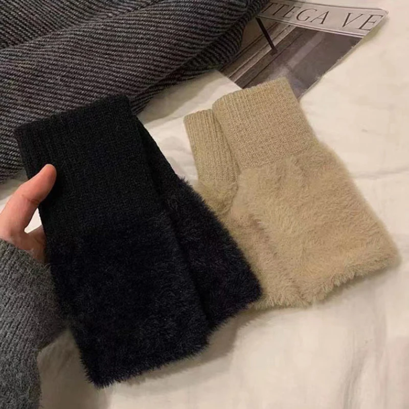 Gants d'Hiver en Vison pour Femme, Mitaines Demi-Doigt, Chaud, en Peluche, Sans Doigts, 1 Paire