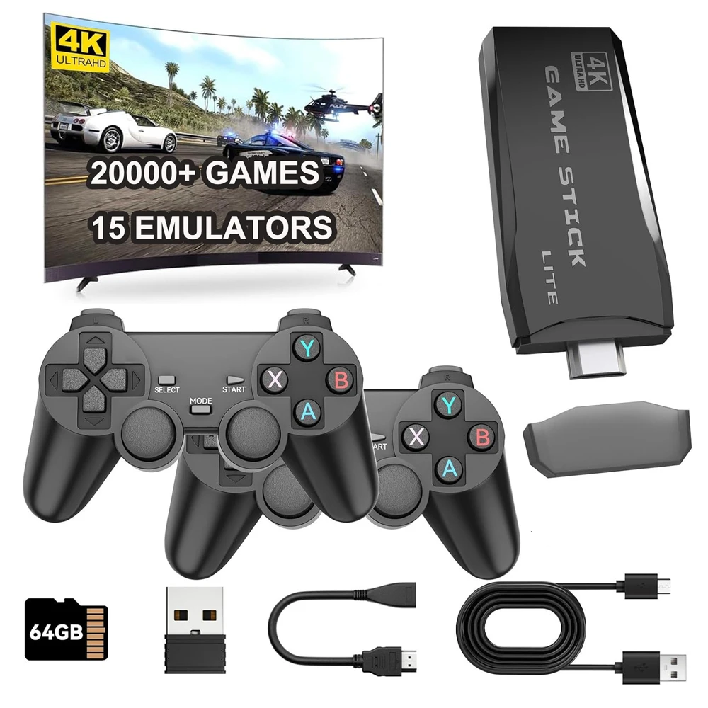 4K TV Game Stick Video Game Console Built-in 20000+ Games 64G Retro Handheld Game Player with Dual Wireless Controller Gamepad