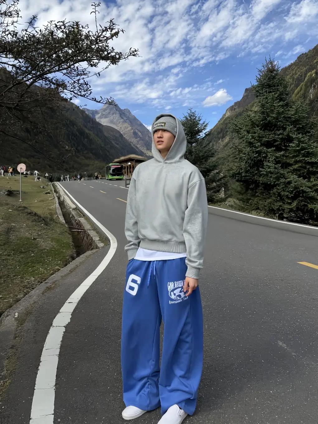 Men's White Printed Pattern Spring Trousers Street Style Hip-hop Sweatpants Cool Boys Bottoms Male High Waist Blue Pants