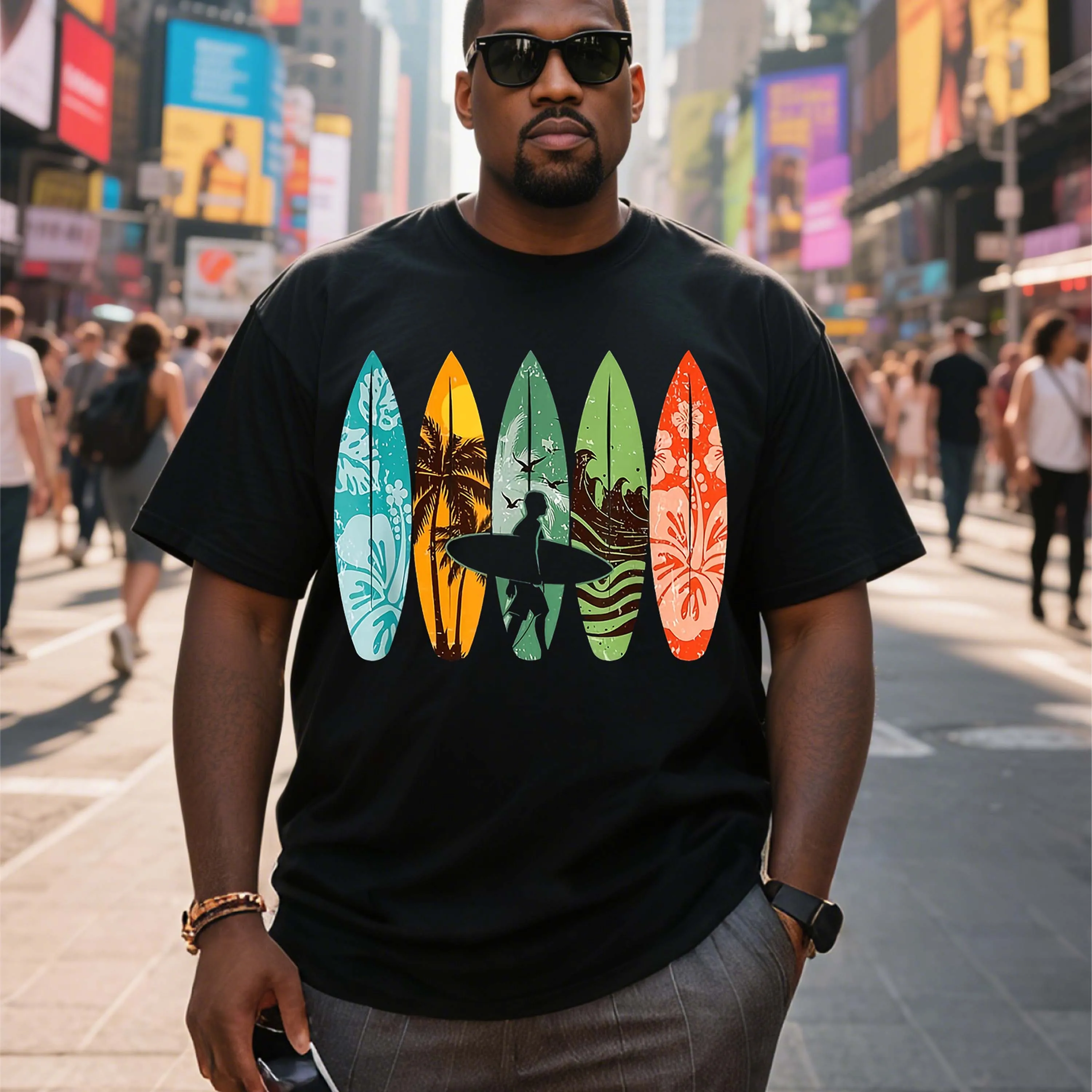 

Мужская черная футболка больших размеров с коротким рукавом и рисунком доски для серфинга, подходящая для летней одежды для отдыха на открытом воздухе