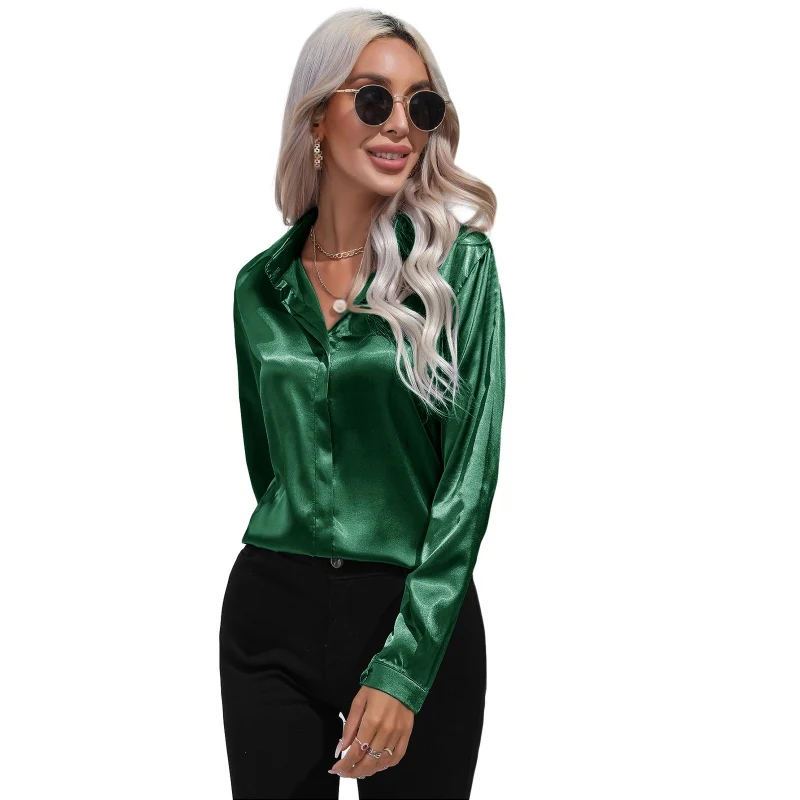 Woman Silk Shirt Long-sleeved Satin Women Blouse Natural Silk Blouse Loose and Versatile Base Shirt