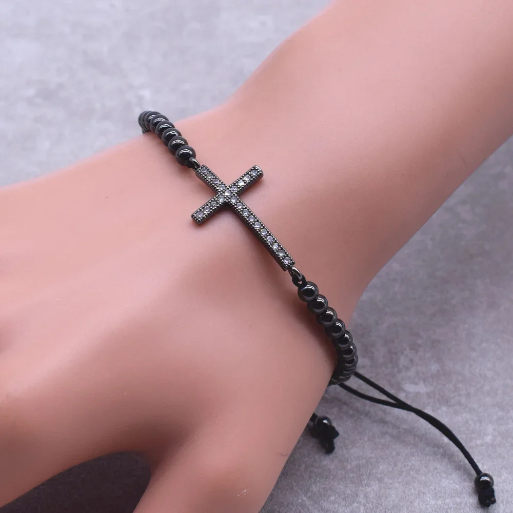 New Design Jesus Christian Women Men Horizontal Sideways Cross Bracelets Adjustable Rope Beads Bracelet Fashion Crystal Jewelry