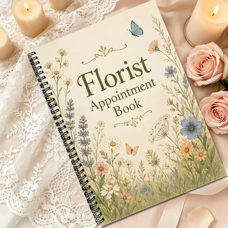 A5 Flower Shop Appointment Book Florist Customer Order Record Book,Watercolor Wildflower Butterfly Cover,For Daily Work Schedule
