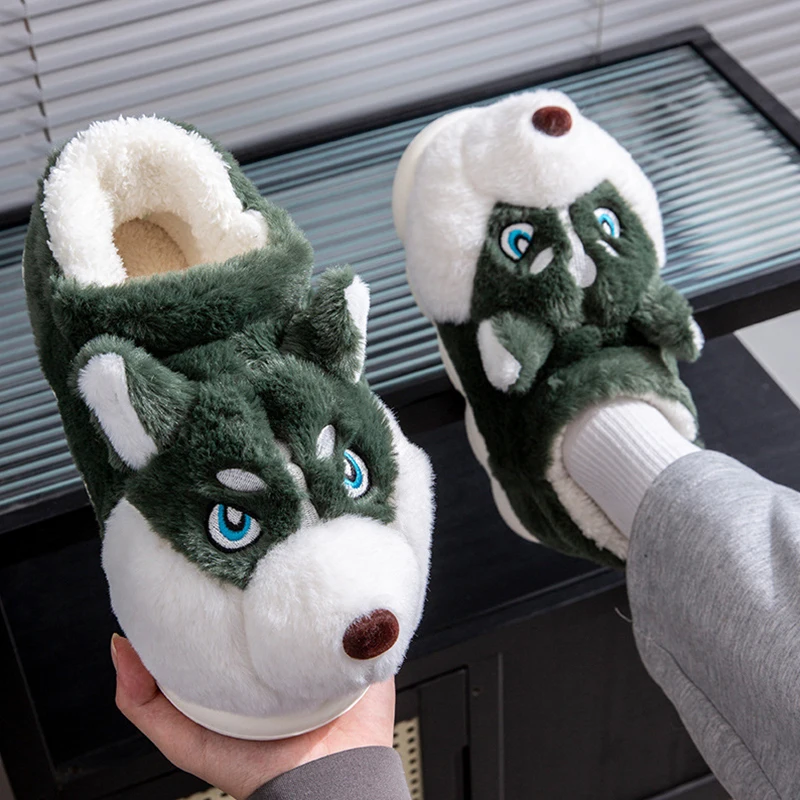 2024 Winter Slippers home Couple Cute Husky Plush Fluffy House Indoor Shoes anti slip warm furry chinelo femin New big size 46