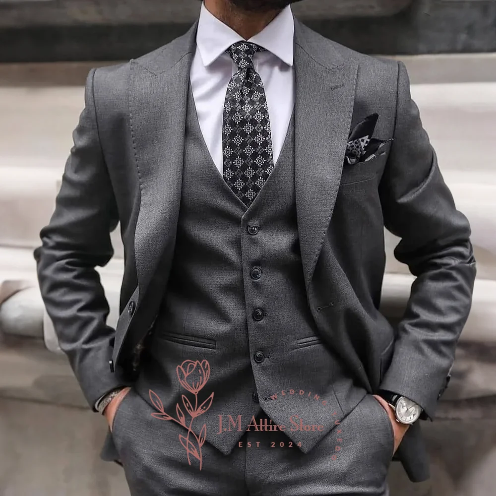 

Mens formal suit 3-piece set jacket vest pants peak lapel single-breasted gray outfit for wedding groom ball party custom tuxedo